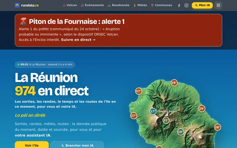L'accueil : les températures mesurées en ce moment autour de l'île, la vigilance, le volcan, la mer.