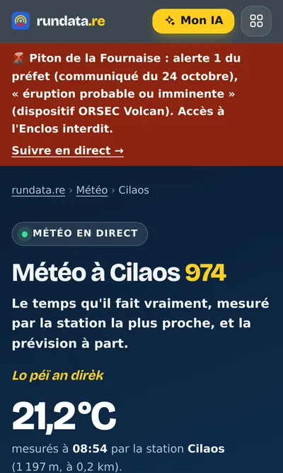 La météo mesurée à Cilaos, avec l'heure de la mesure et la station.