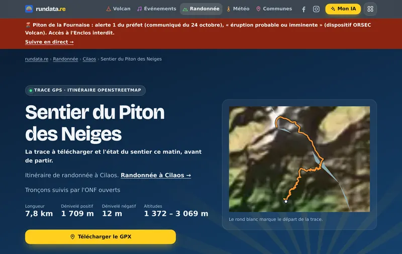 Le sentier du Piton des Neiges : sa trace GPS, sa longueur et son dénivelé.