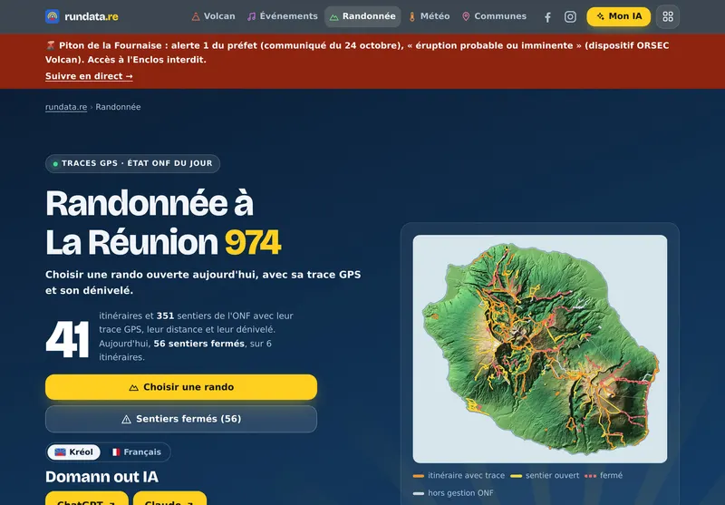 La page Randonnée : les itinéraires et les sentiers de l'ONF sur la carte de l'île, colorés selon leur état du jour.